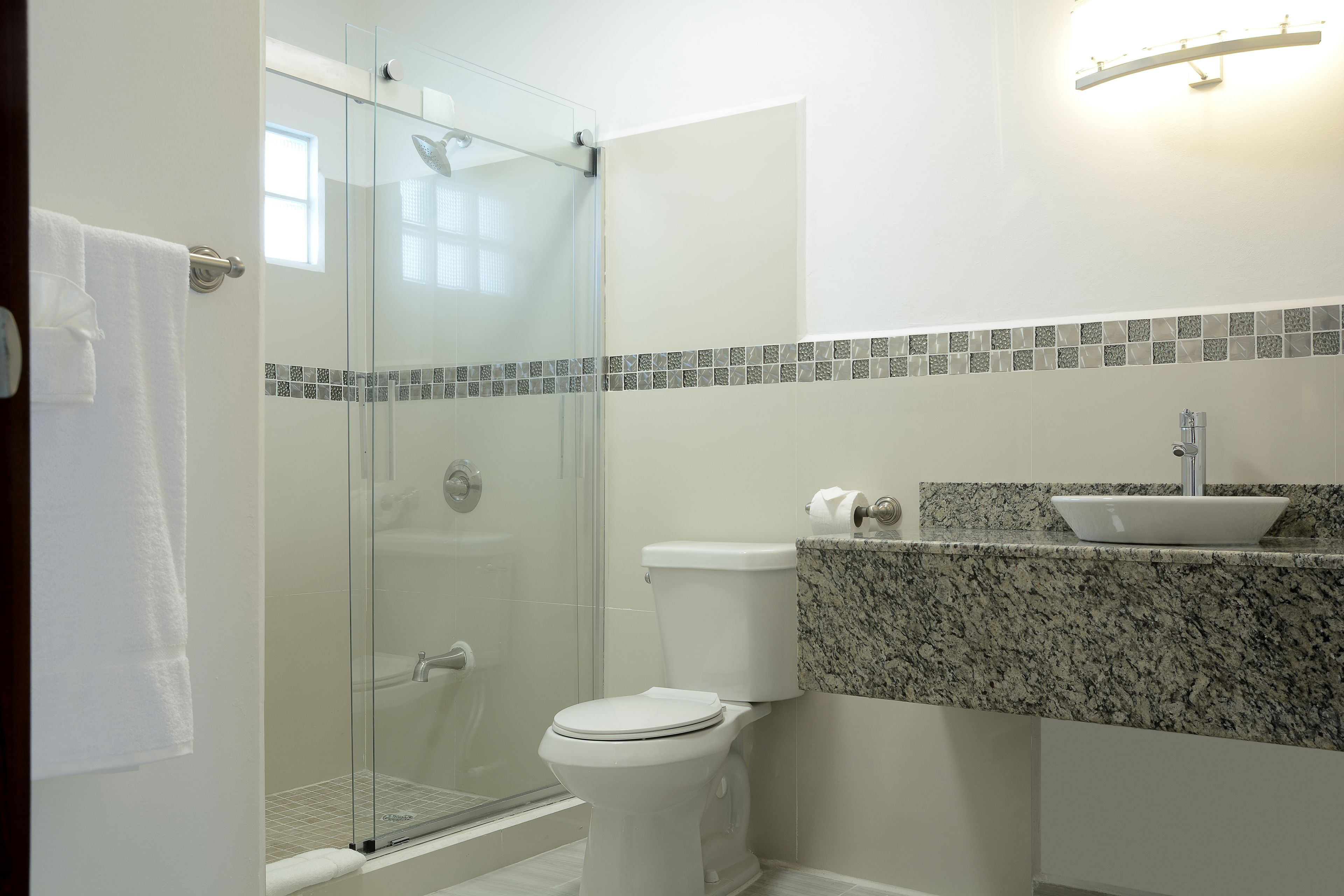 A bathroom with a glass-enclosed shower, a toilet, and a sink with a marble countertop.