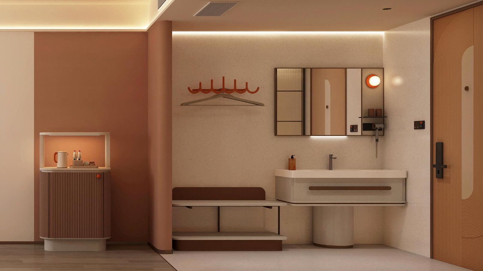 Un baño moderno con lavamanos, espejo y toallero.