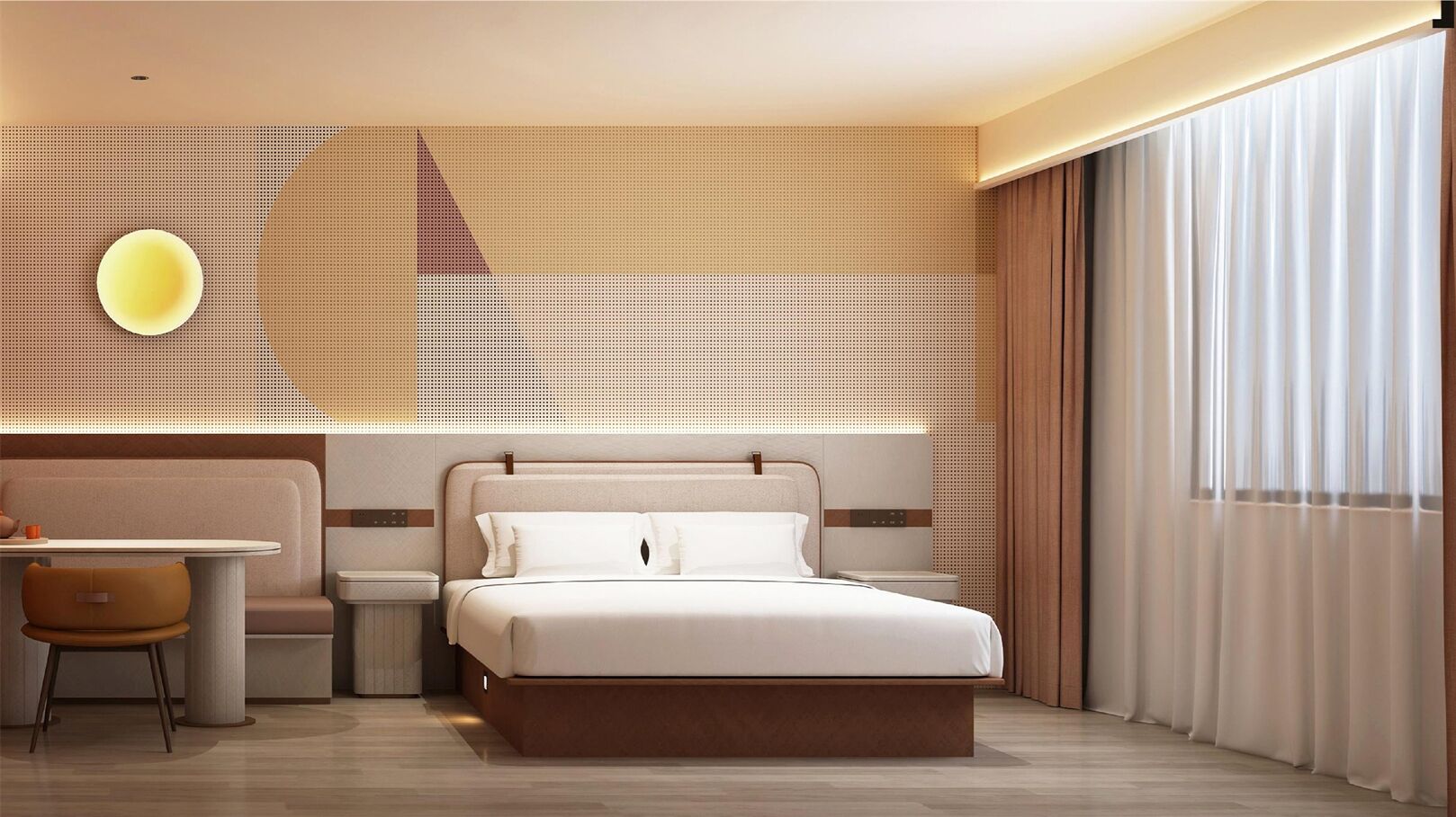 Een moderne hotelkamer met een bed, nachtkastjes, een bureau en een stoel.