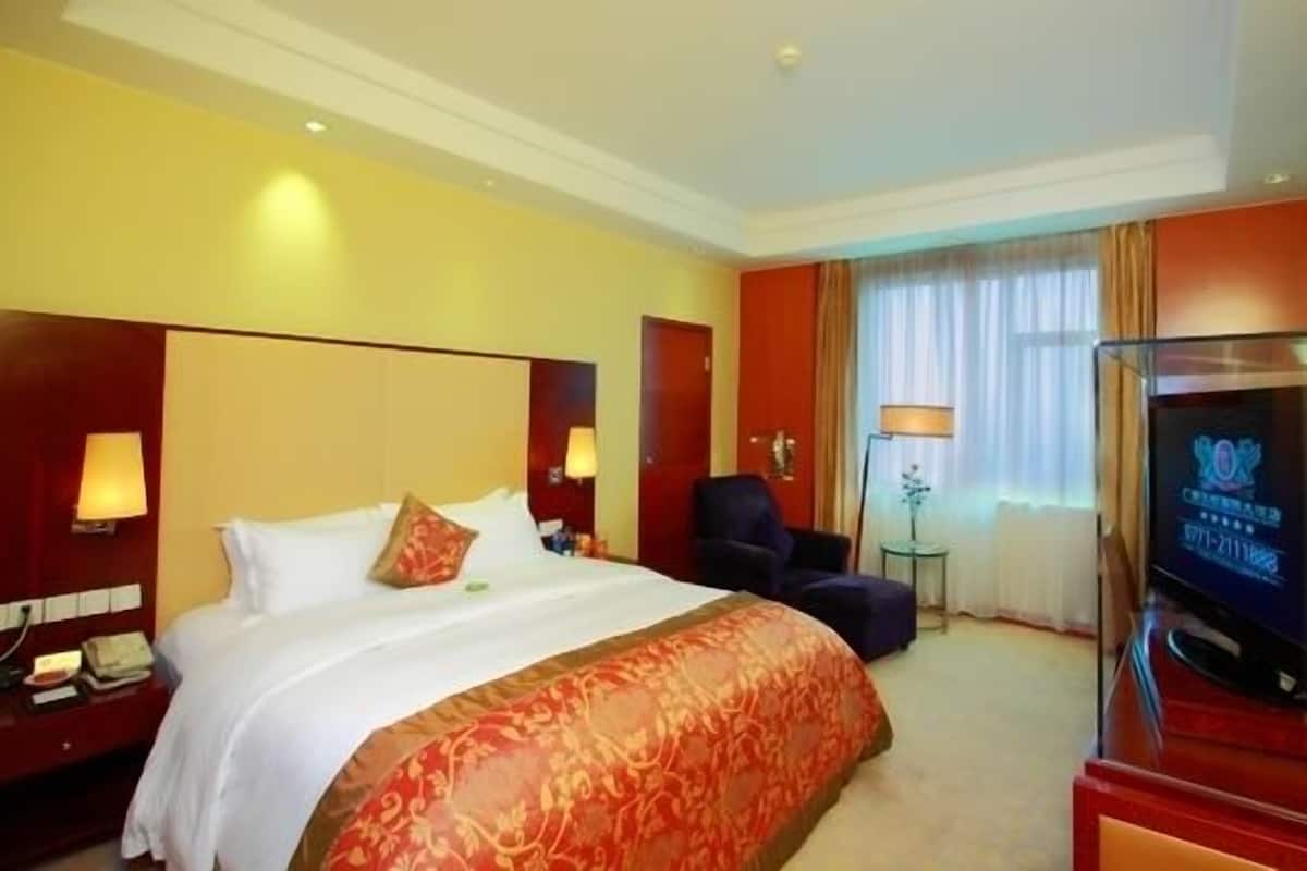 Hotelkamer met een groot bed, een bureau met lamp, een stoel, een televisie en een raam met gordijnen.