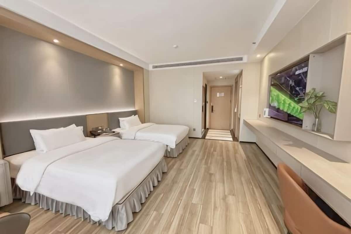 Une chambre d’hôtel avec deux lits, une télévision, une plante et un comptoir de réception.