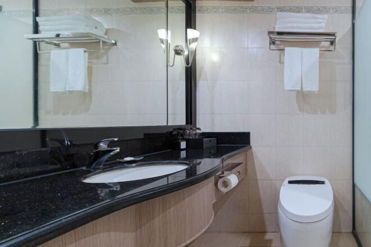 Une salle de bain moderne avec un lavabo en granit noir, un miroir, un porte-serviettes et des toilettes.