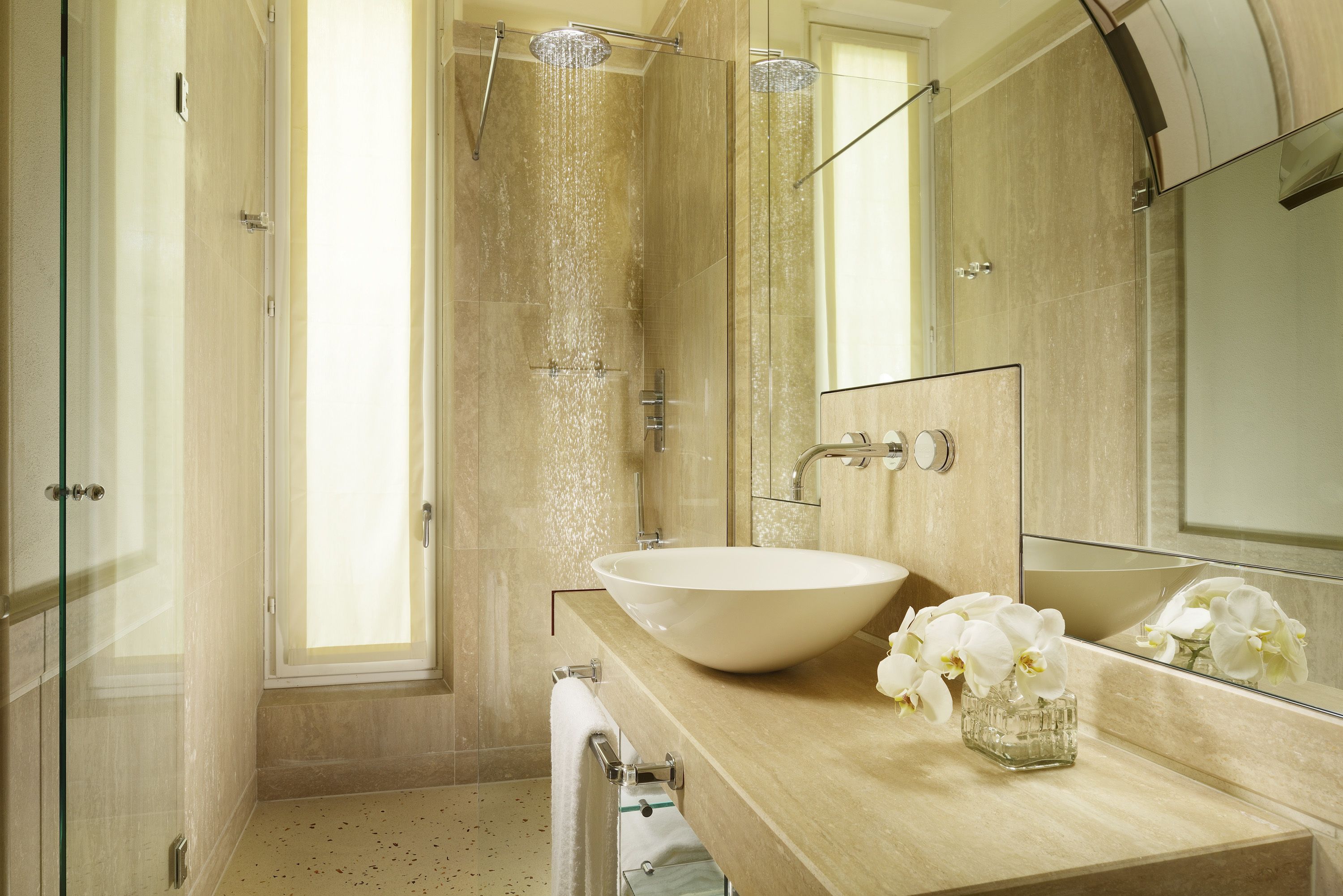 shower, designer toiletries, hair dryer, bathrobes