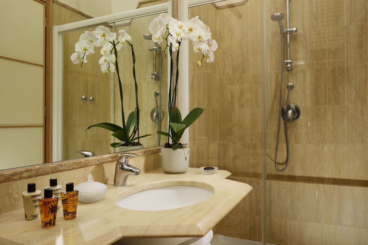 A bathroom with a sink, mirror, shower, and orchid plants.