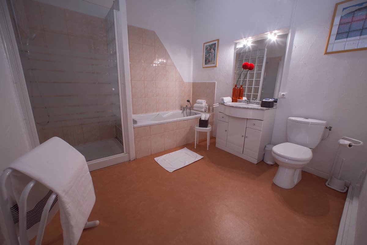 Articles de toilette (gratuits), séchoir à cheveux, serviettes fournies