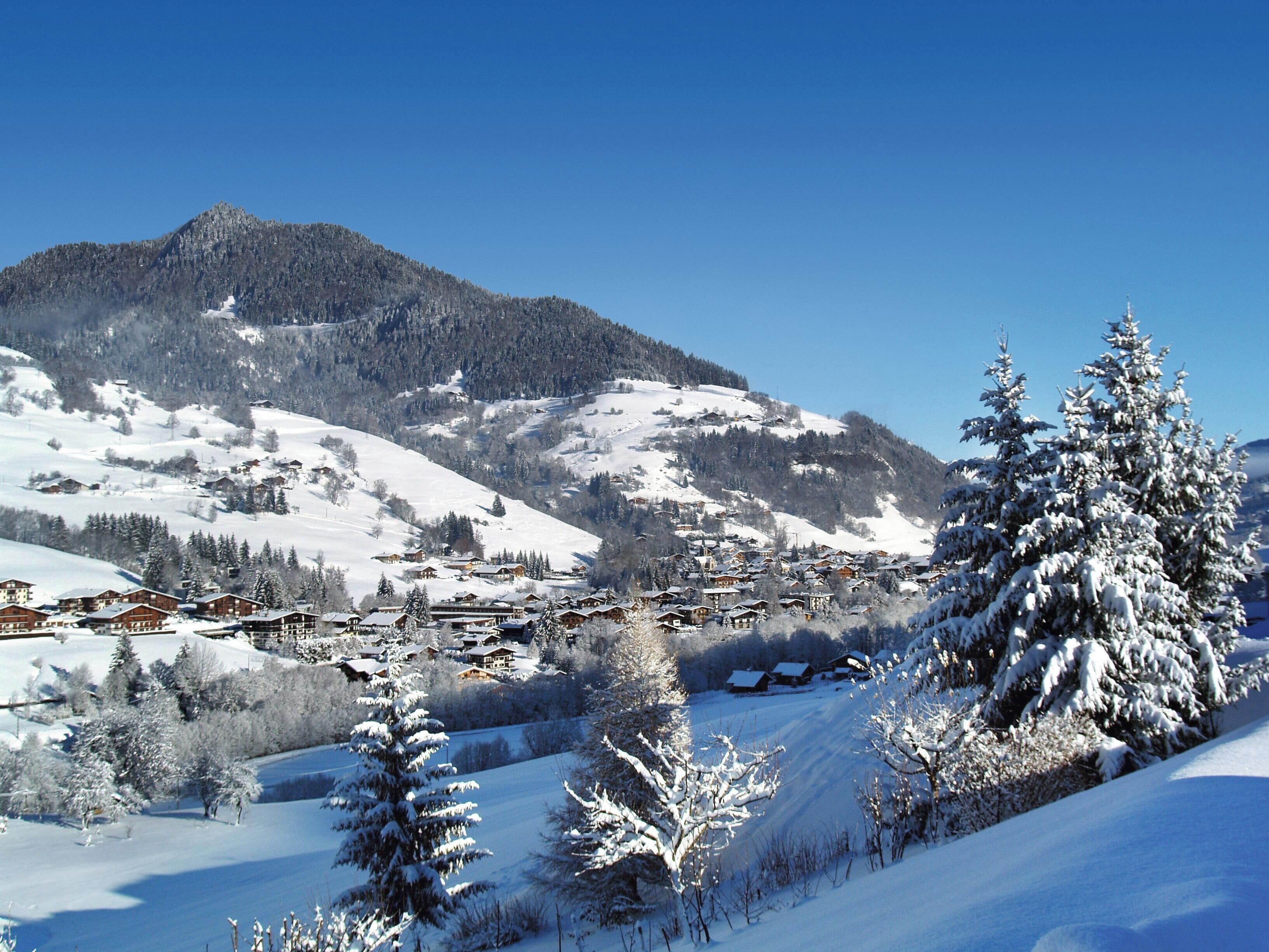 Un paysage montagneux enneigé avec un village et des bâtiments.