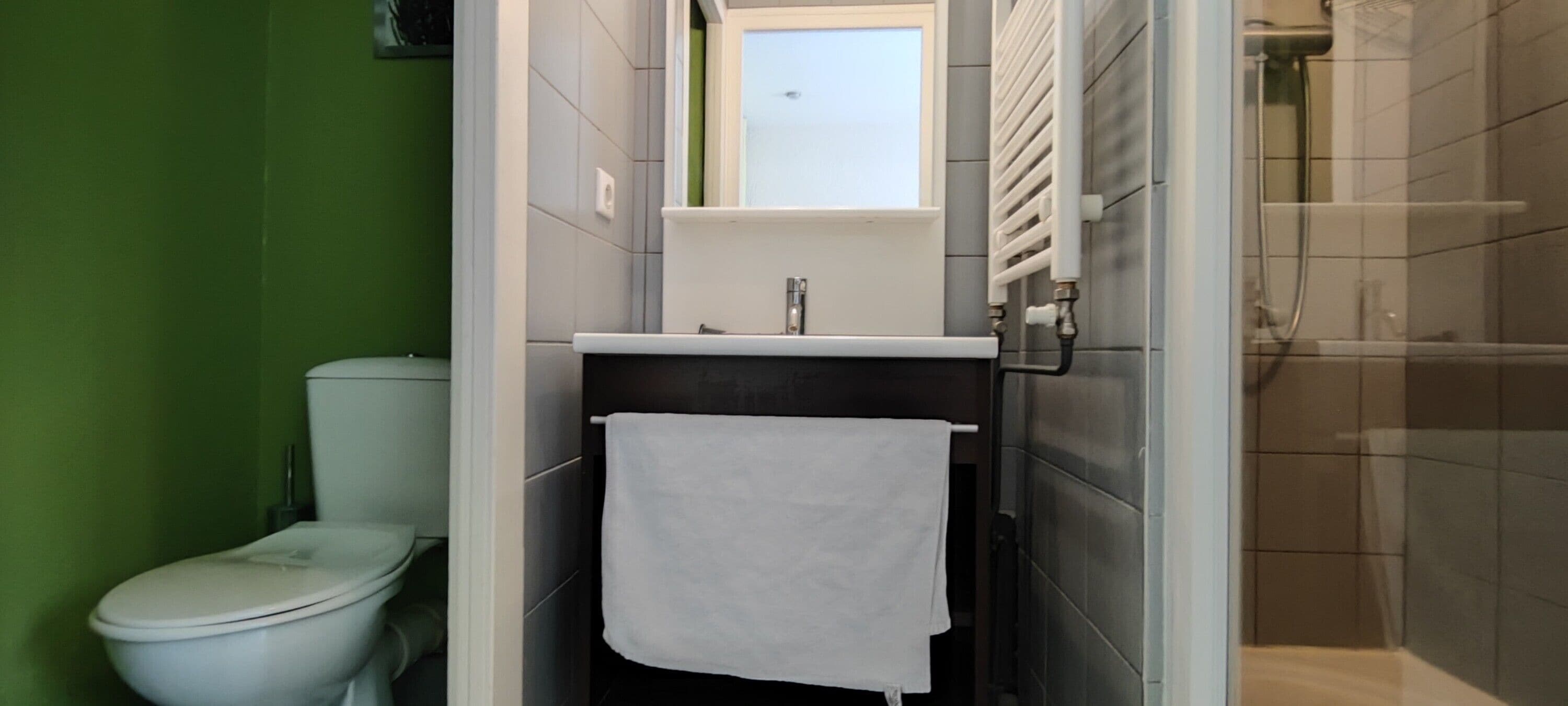 Baño pequeño con inodoro, lavabo con toalla y zona de ducha.