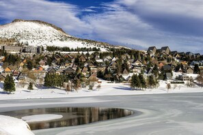 A snow-covered mountain with a ski resort in the background, surrounded by residential buildings.