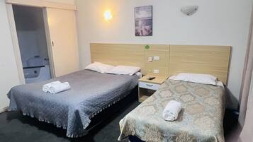 Two single beds with headboards, a bedside table with a phone, and a wall-mounted light.