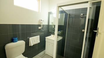A bathroom with a toilet, sink, and shower area.