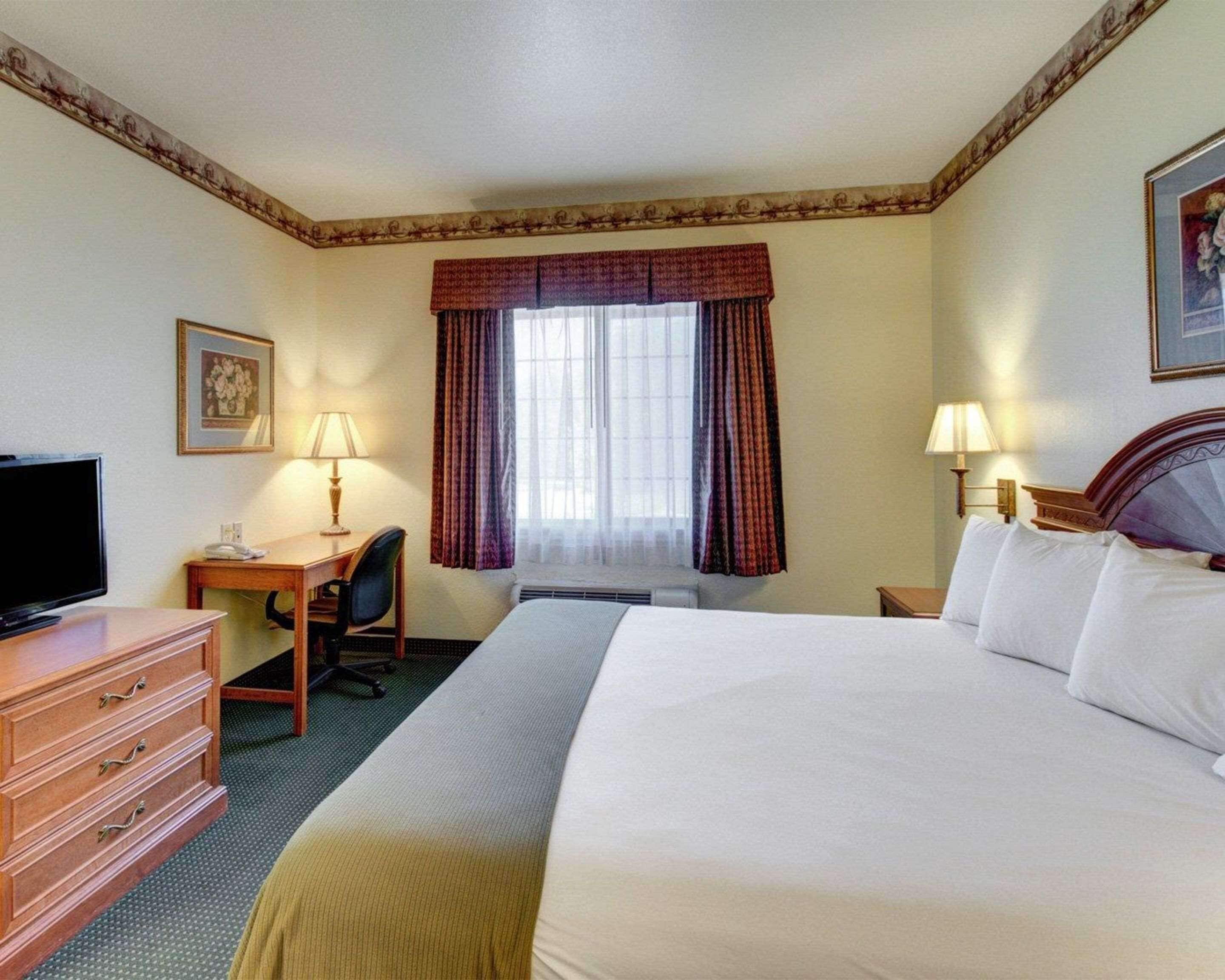 Una habitación de hotel con cama, escritorio, silla, televisor y dos lámparas.