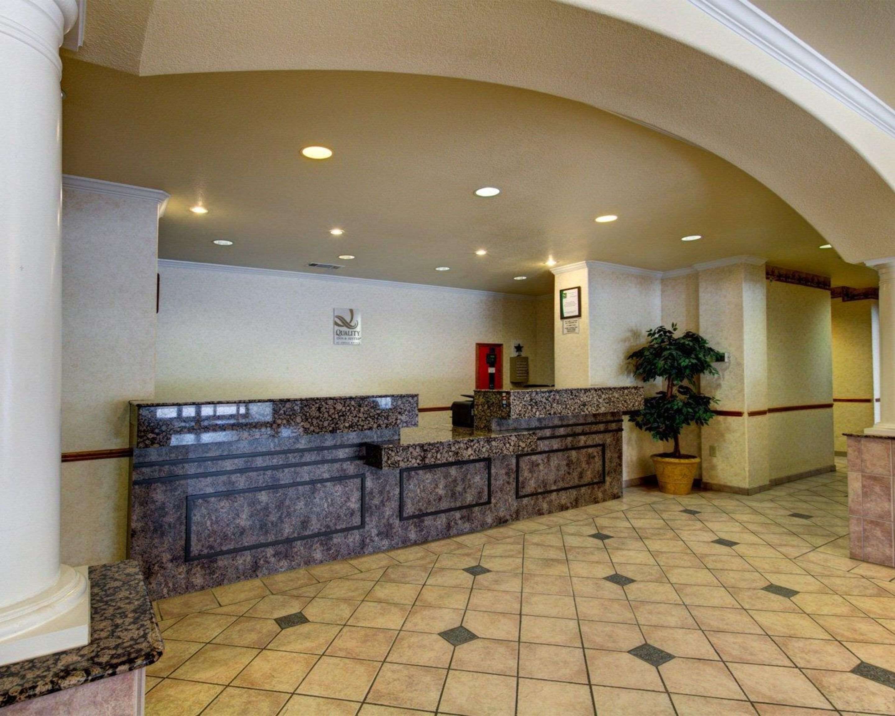 A reception area with a marble counter, a potted plant, and a framed certificate on the wall.