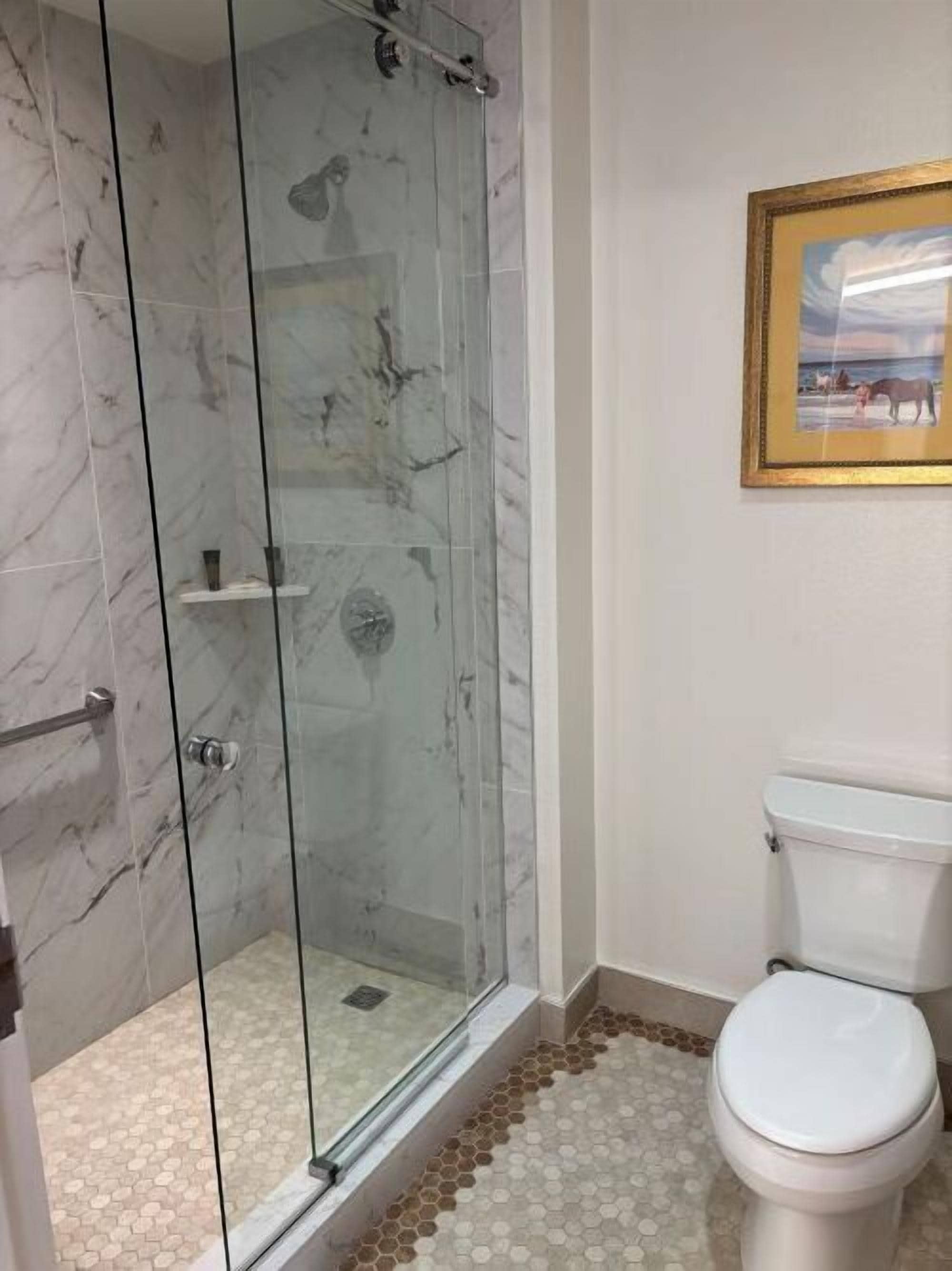 shower, designer toiletries, hair dryer, towels