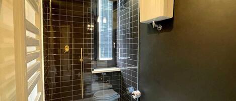 A modern bathroom with a glass shower enclosure, a toilet, and a small window.