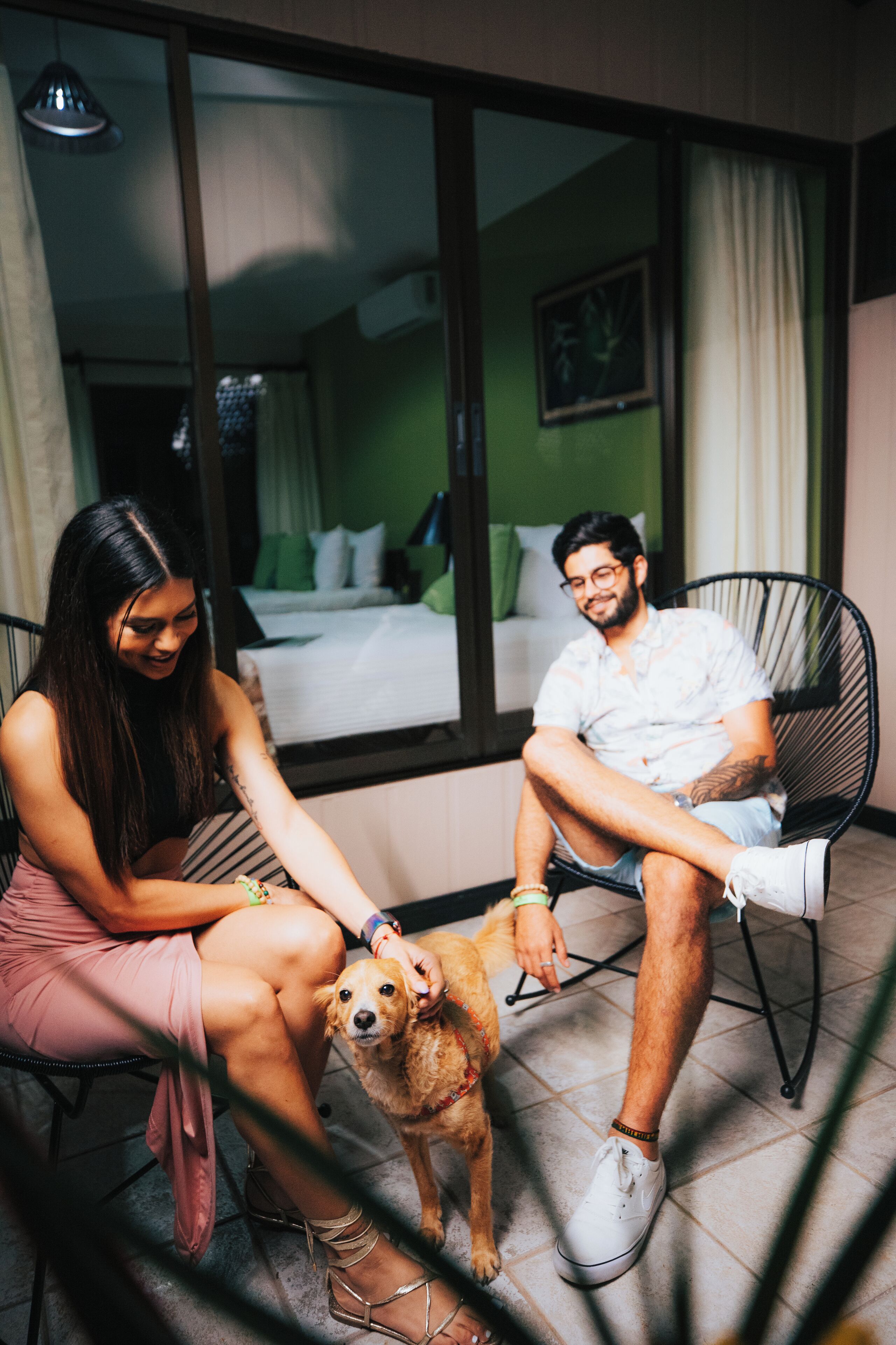 A couple seated on a balcony with a dog, overlooking a room with a bed and green walls.