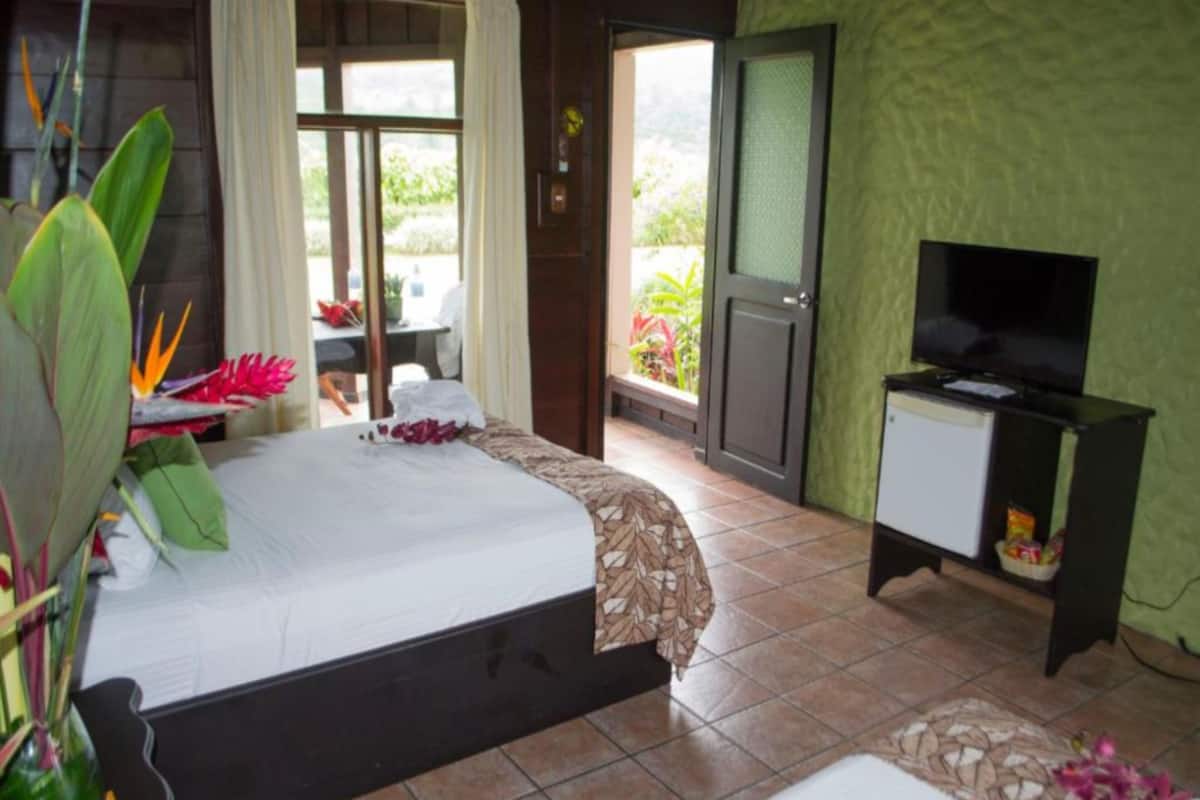 Une chambre d’hôtel avec un lit, une télévision et une petite table sur laquelle est posée une plante.