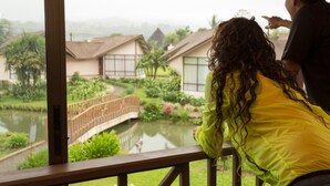 A view from a window overlooking a garden with a wooden bridge, houses, and a pond.