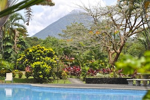 Una piscina rodeada de abundante vegetación y una montaña al fondo.