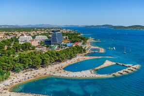 On the beach, sun-loungers, beach umbrellas
