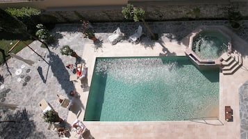 Outdoor pool, pool umbrellas, pool loungers