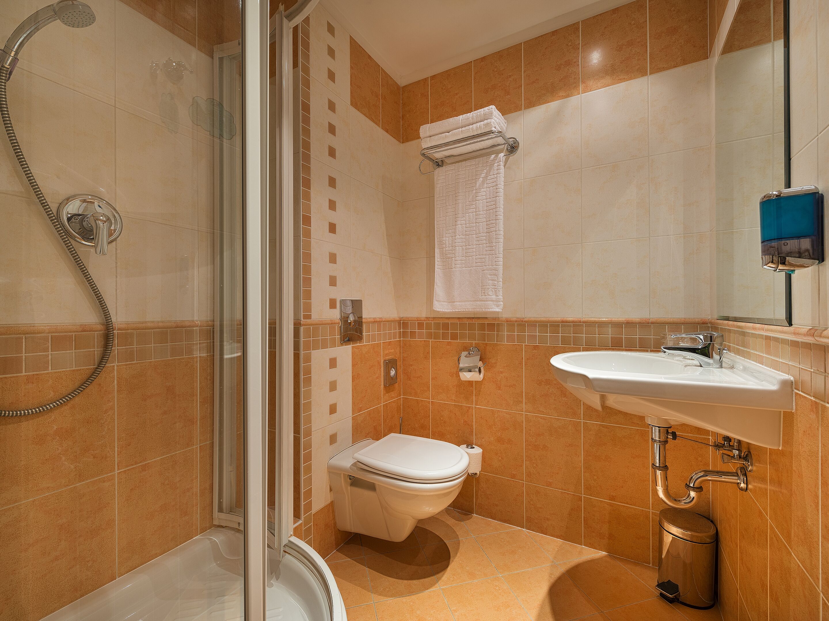 combined shower/bathtub, hair dryer, bathrobes, towels