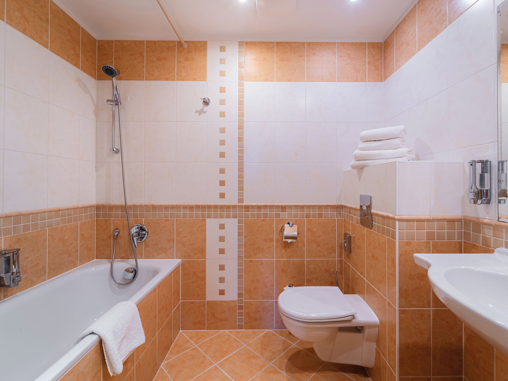 Un baño con bañera, inodoro y ducha.
