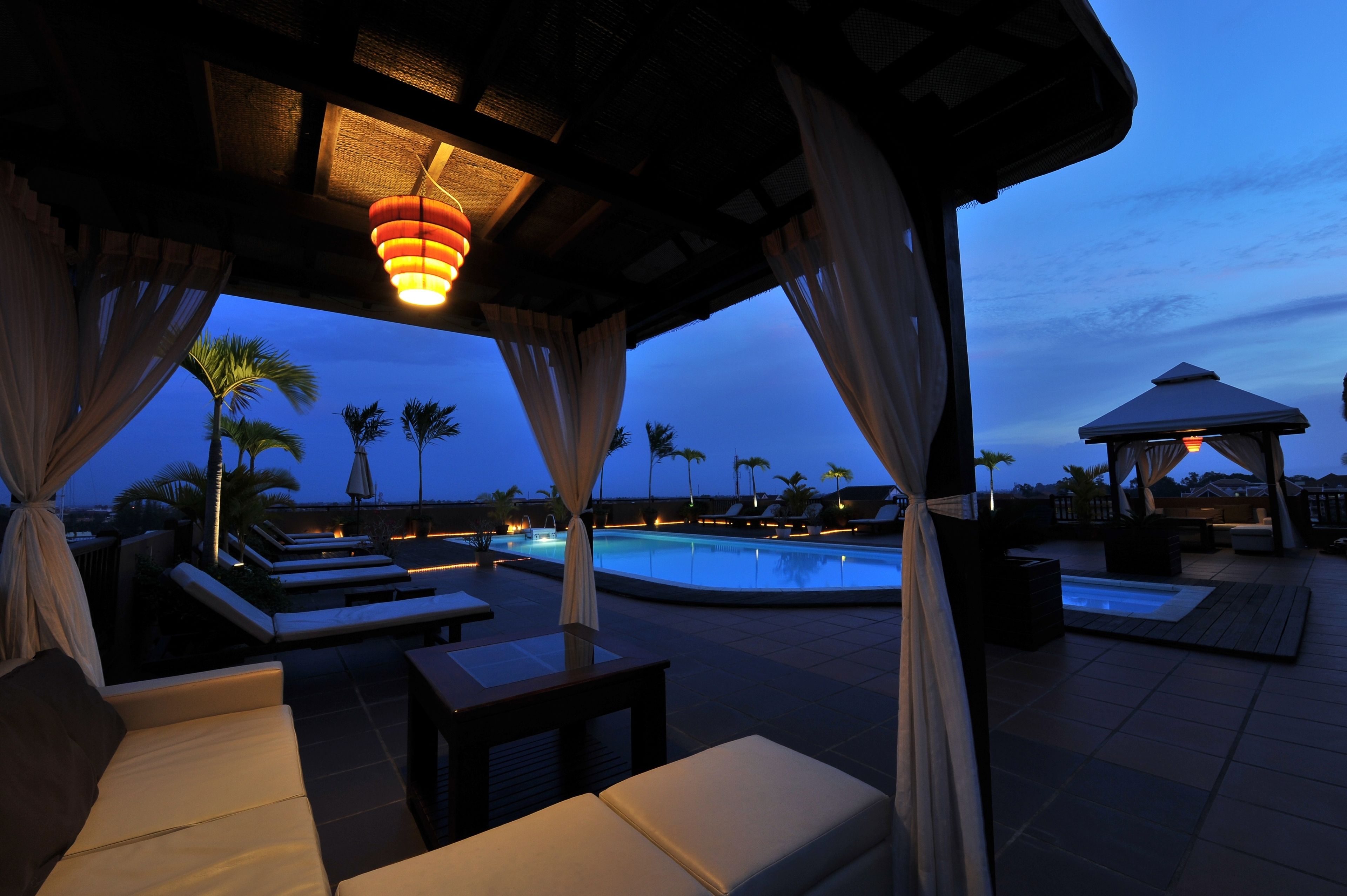 Outdoor pool, pool umbrellas, pool loungers