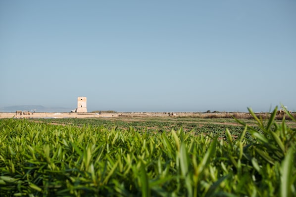 A field with a tower structure in the distance. - Relais Antiche Saline (Paceco)