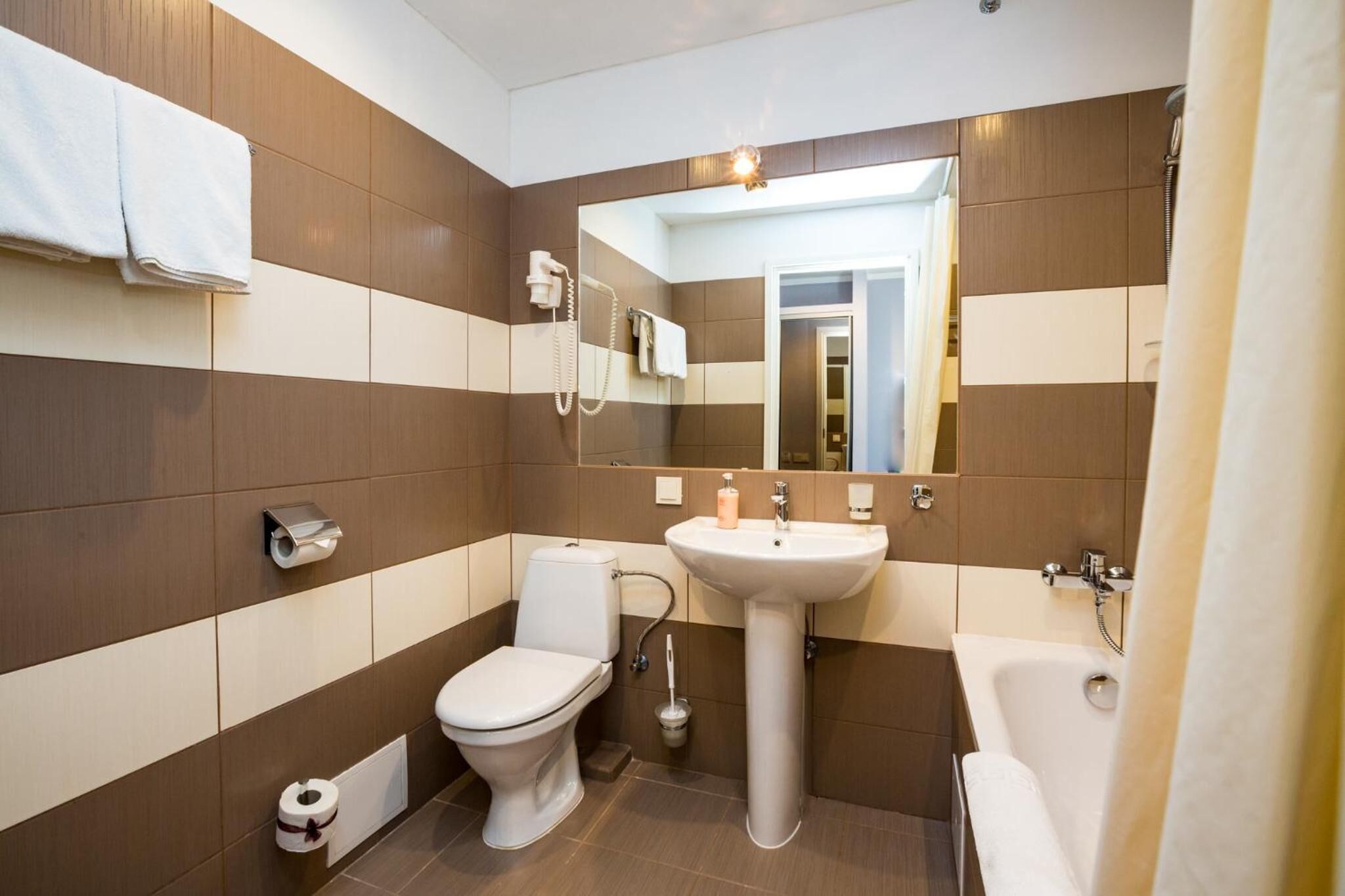 combined shower/bathtub, free toiletries, hair dryer, towels