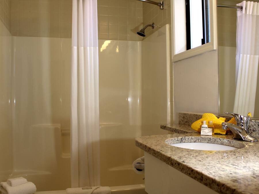 A bathroom with a shower, a sink, and a mirror.