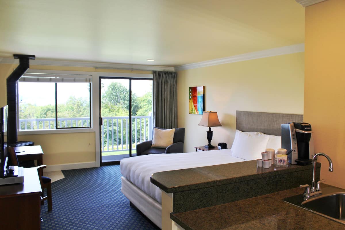 A hotel room with a bed, desk, and kitchenette.