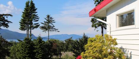 A house with a red roof, surrounded by lush greenery and mountains in the background.