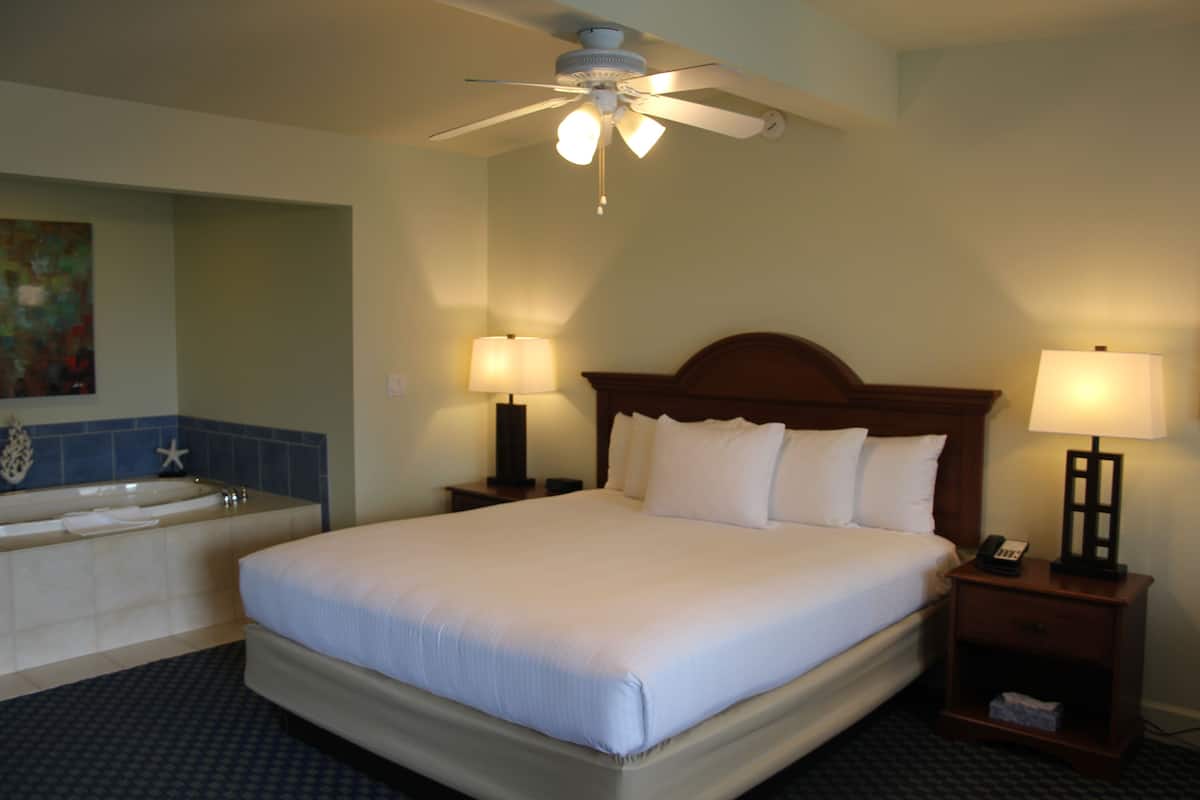 A hotel room with a large bed, a ceiling fan, a nightstand with a lamp, and a bathtub.
