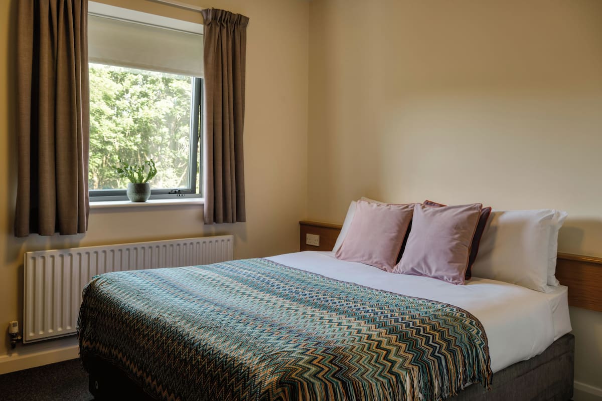 A hotel room with a bed, a window with curtains, a radiator, and a potted plant on the windowsill.