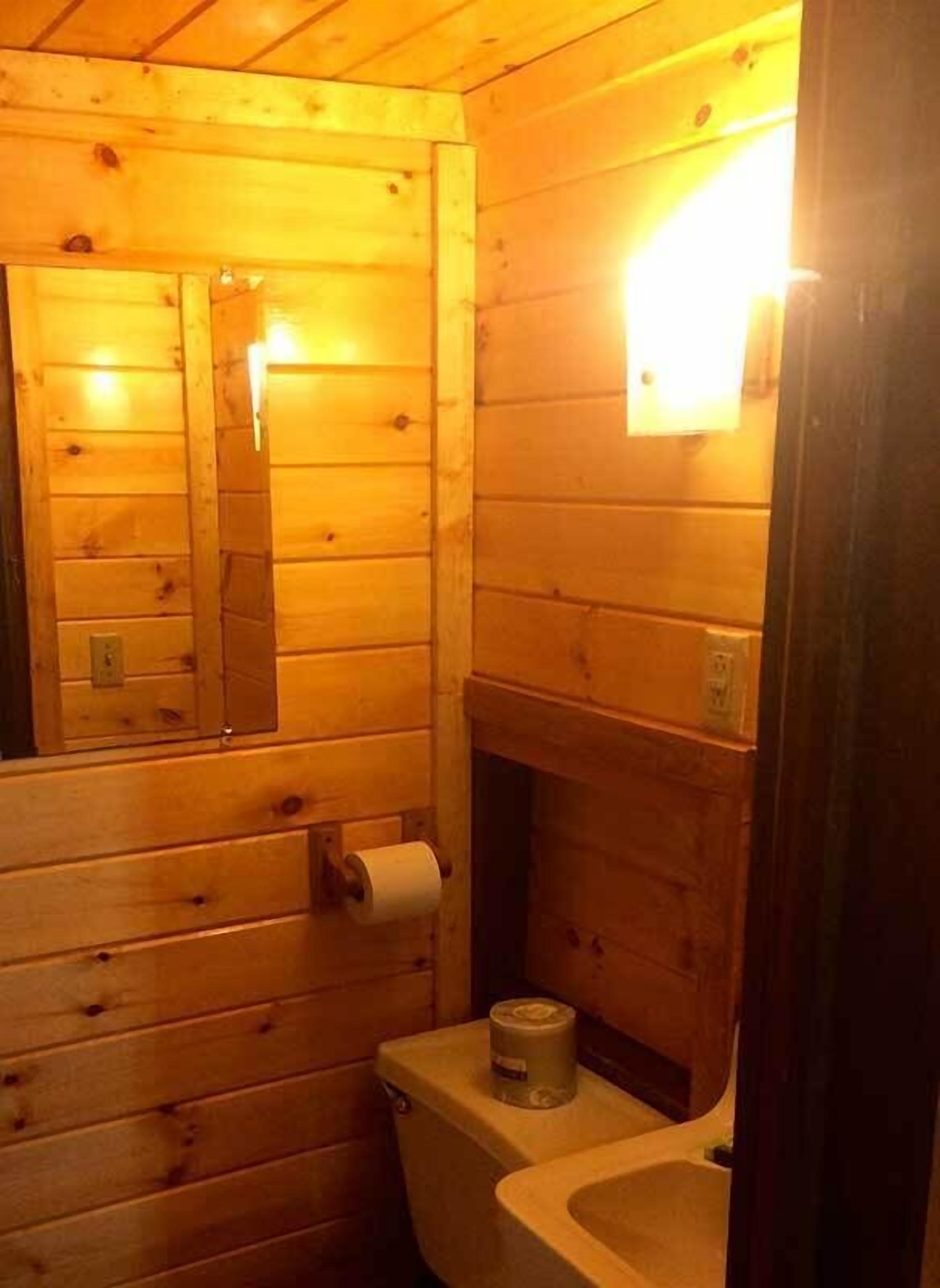 A wooden cabin bathroom with a toilet, a sink, and a mirror.