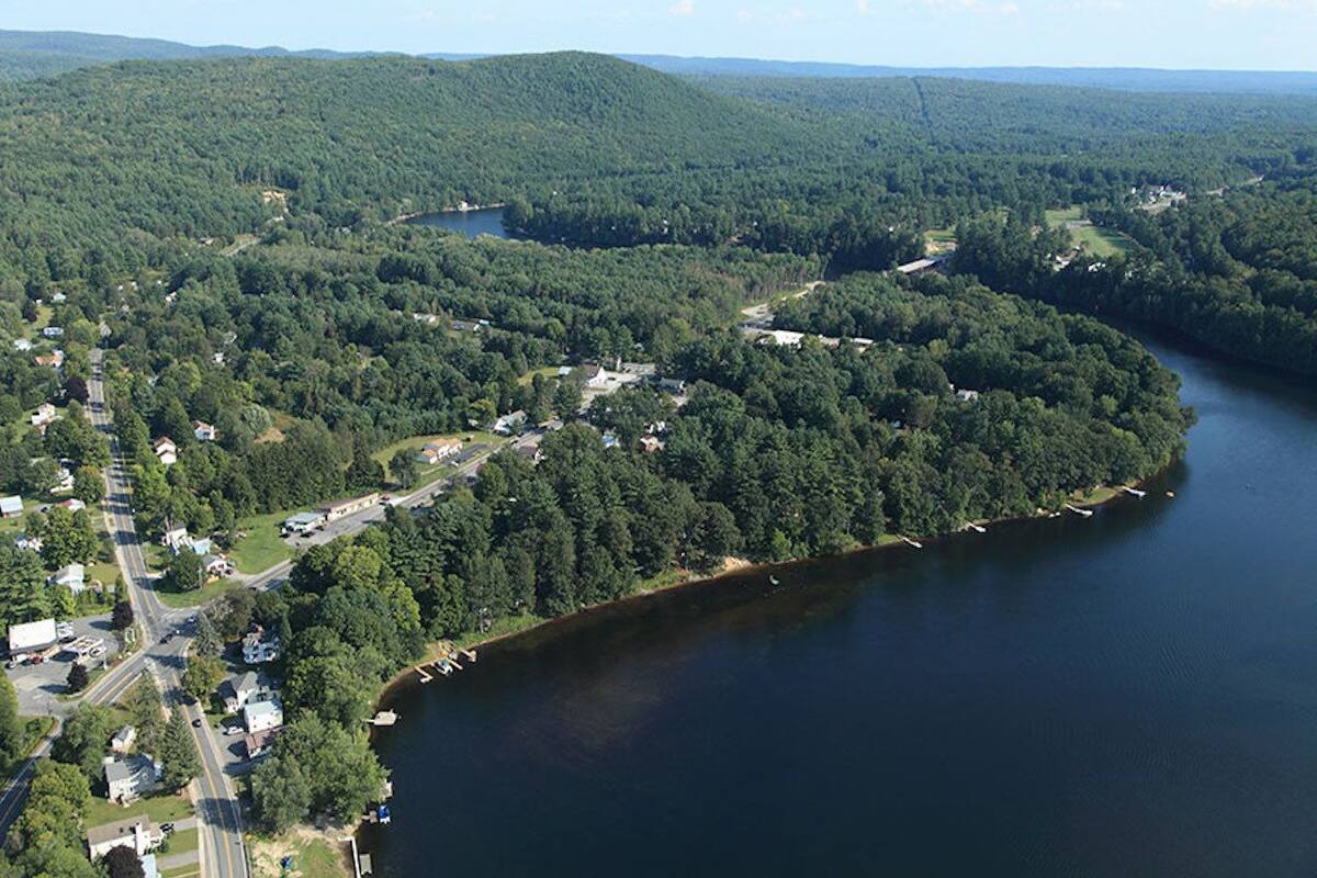 An aerial view of a lakeside community with residential areas, roads, and a dense forest.