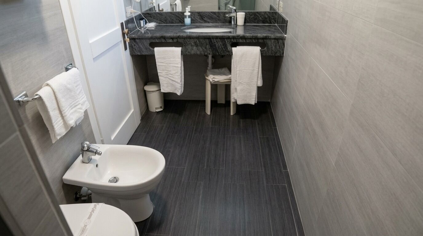 Ein Badezimmer mit Bidet, Waschbecken und Toilette. Handtücher hängen an der Wand und ein Mülleimer steht bereit.
