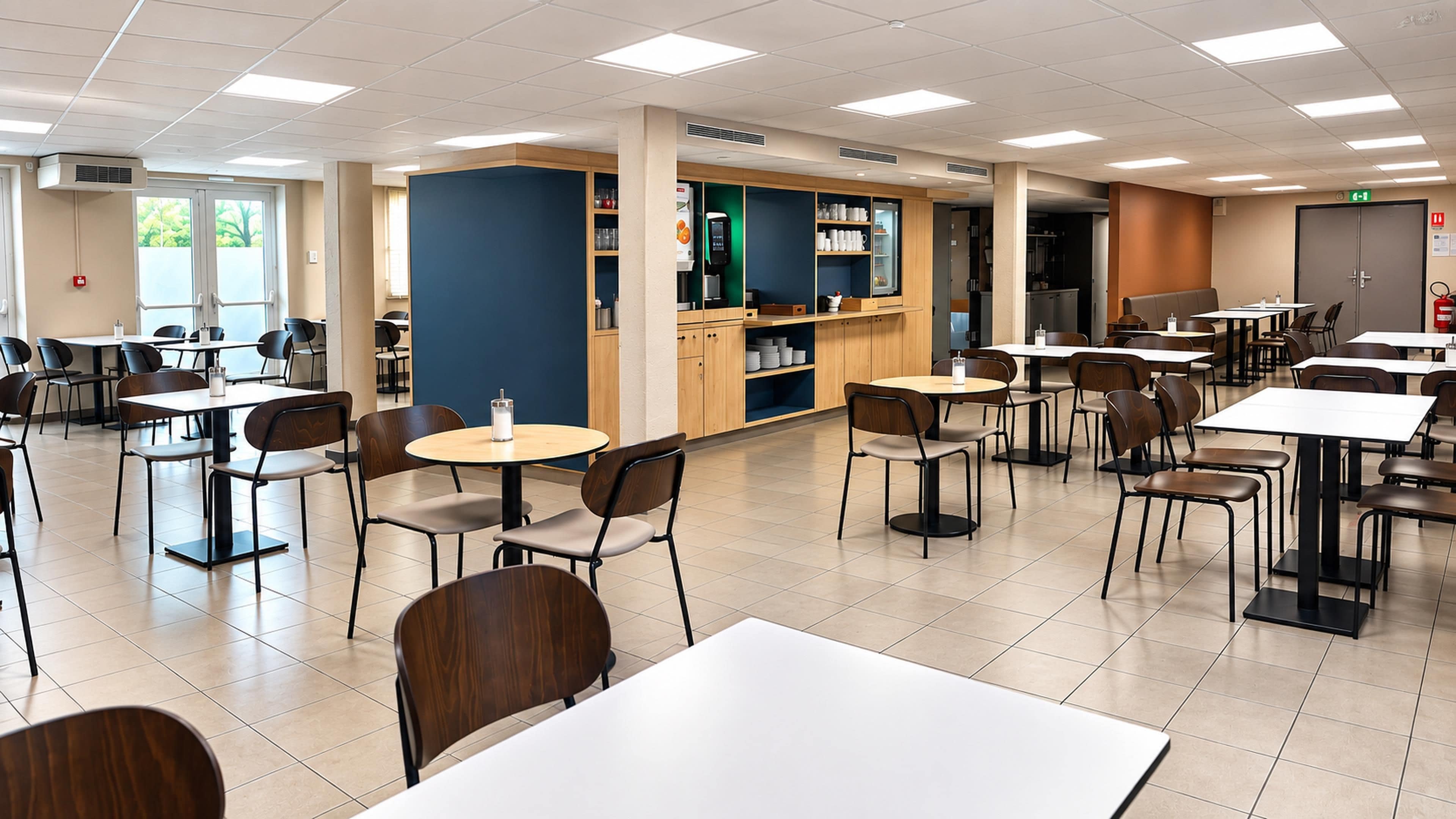 A modern cafeteria with multiple tables and chairs, a coffee machine, and a counter with various items.