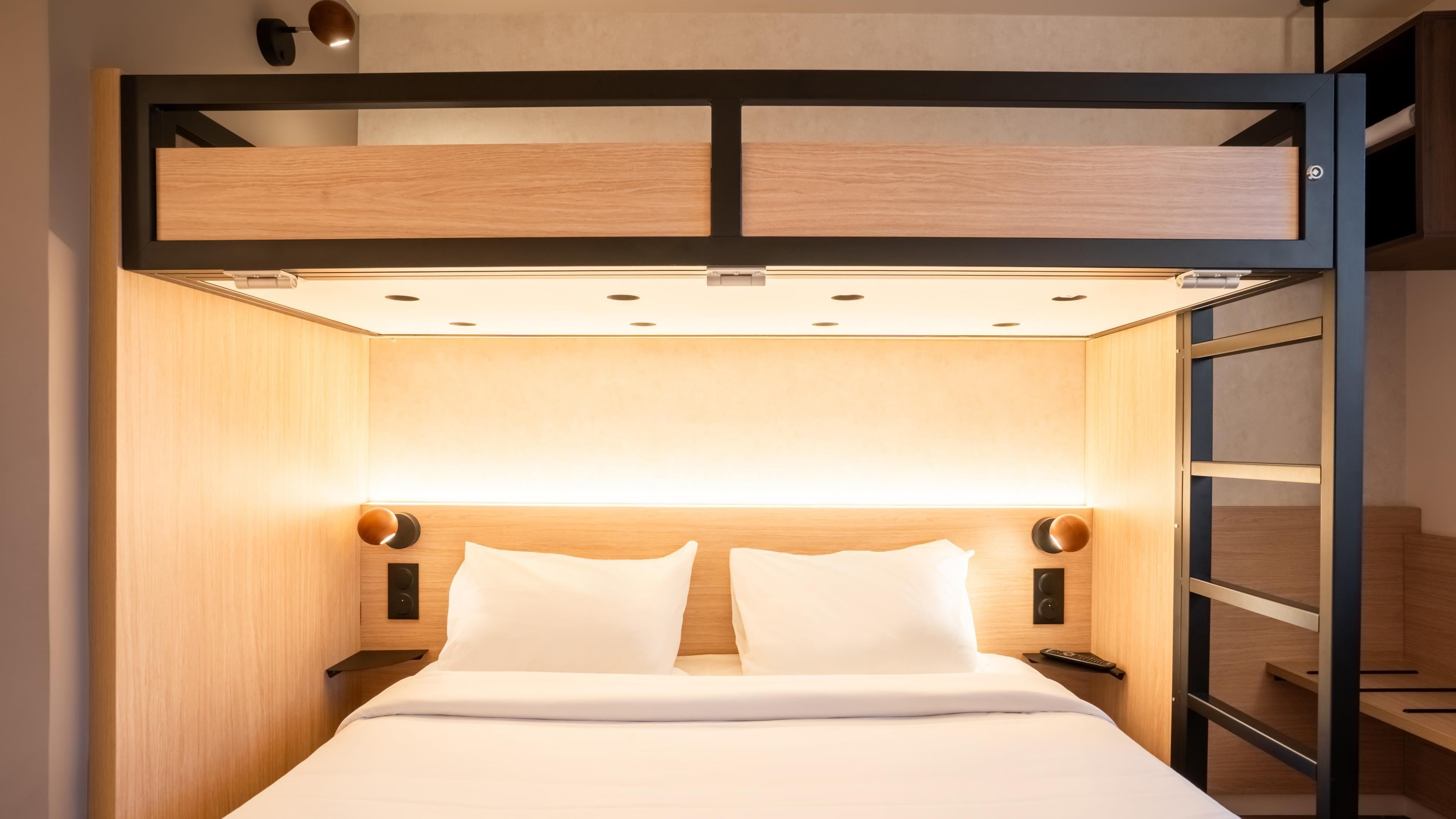 Premium bedding, desk, blackout curtains, soundproofing