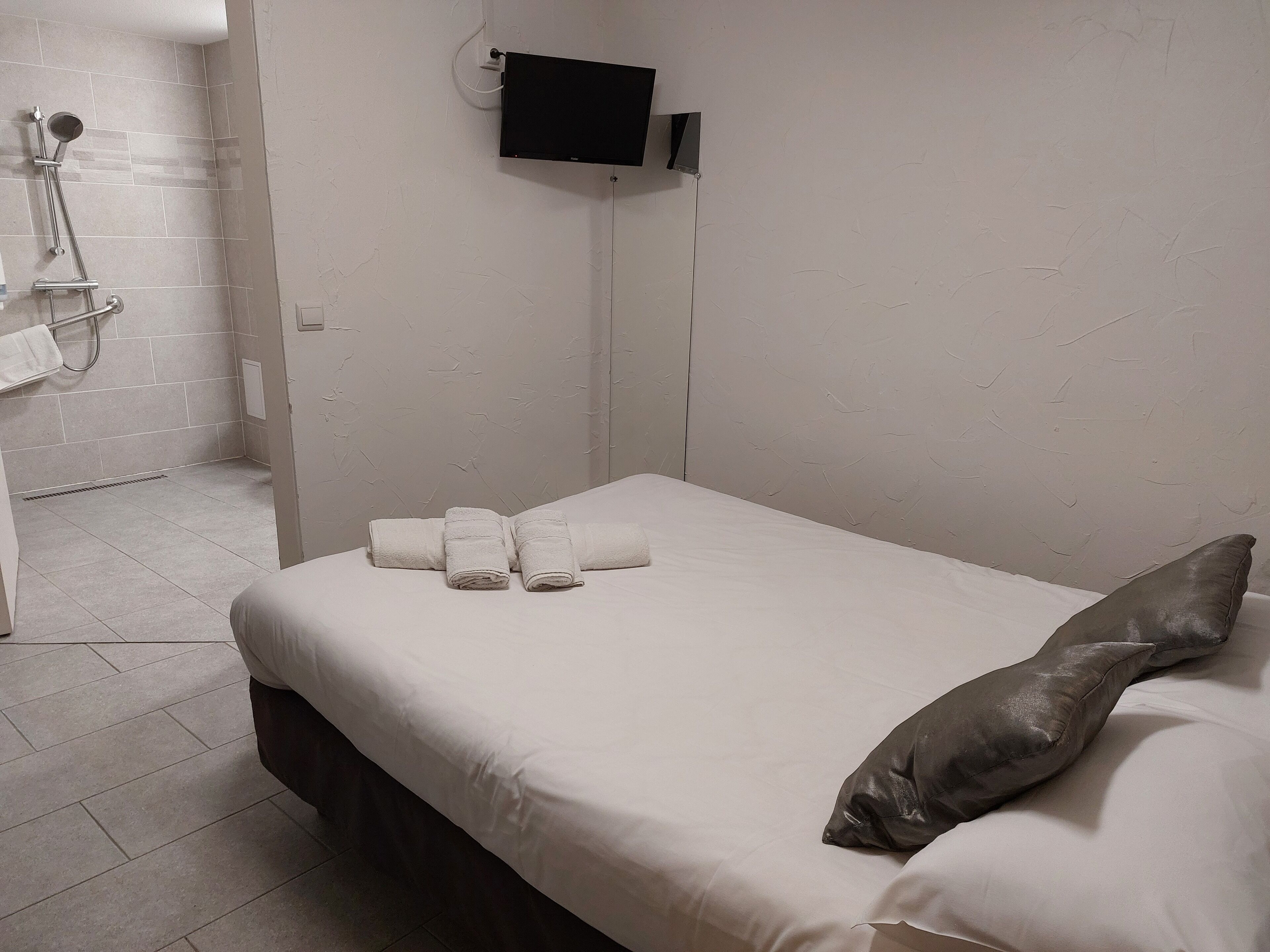 Quarto de hotel com cama, televisão na parede e área de chuveiro com porta-toalhas.