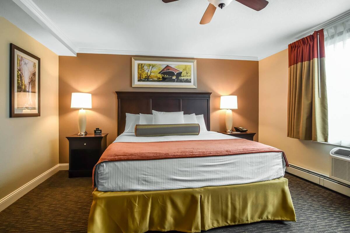 A hotel room with a large bed, two bedside tables with lamps, a ceiling fan, and a painting on the wall.