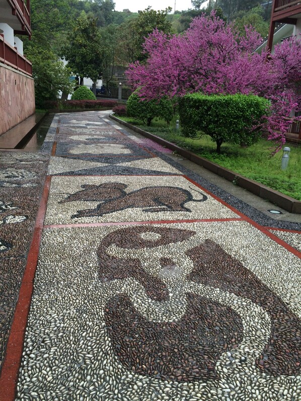 A pathway with a mosaic design, surrounded by greenery and a building. - Pipaxi Hotel (Zhangjiajie)