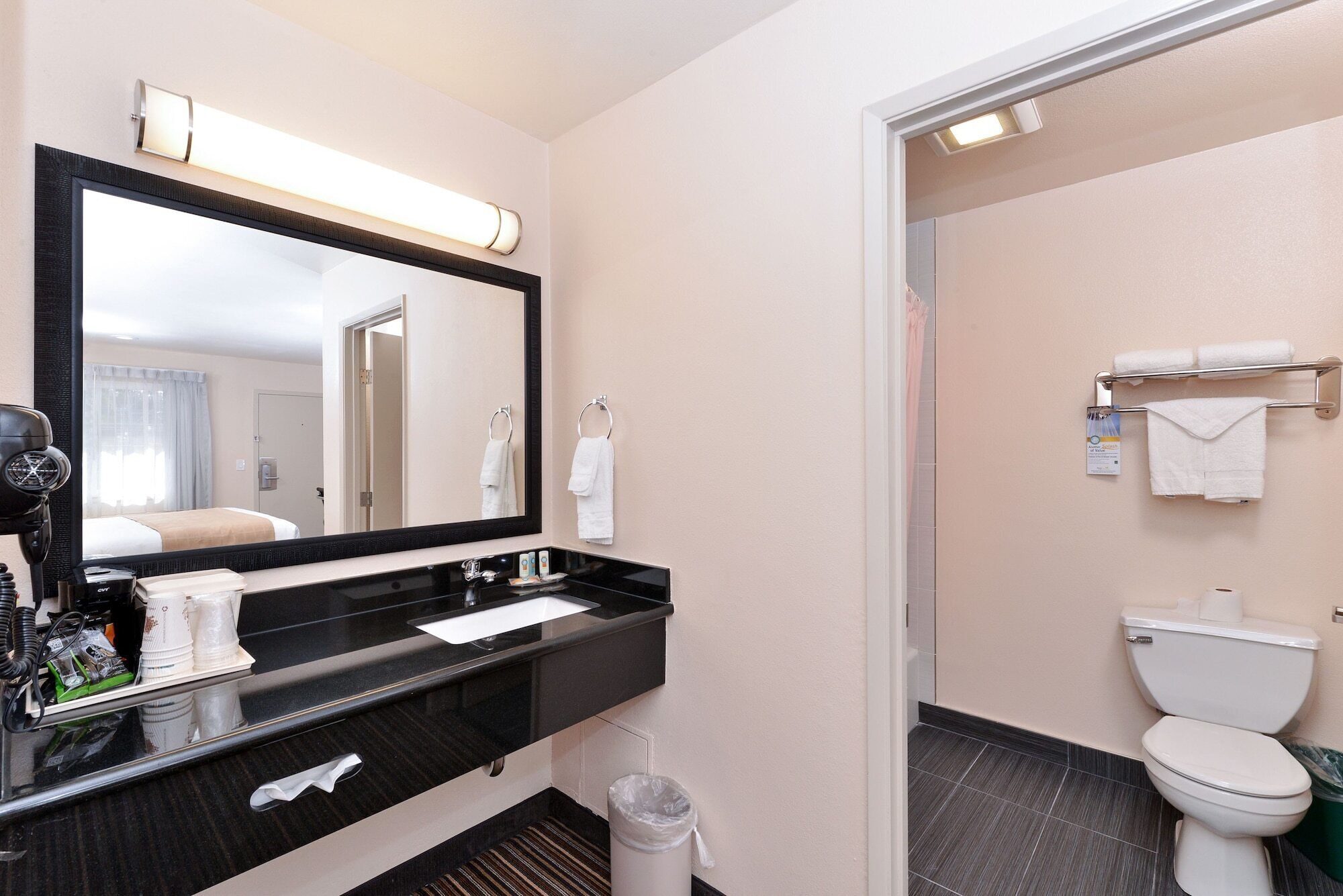 A hotel bathroom with a large mirror, black sink, white toilet, and a trash can.