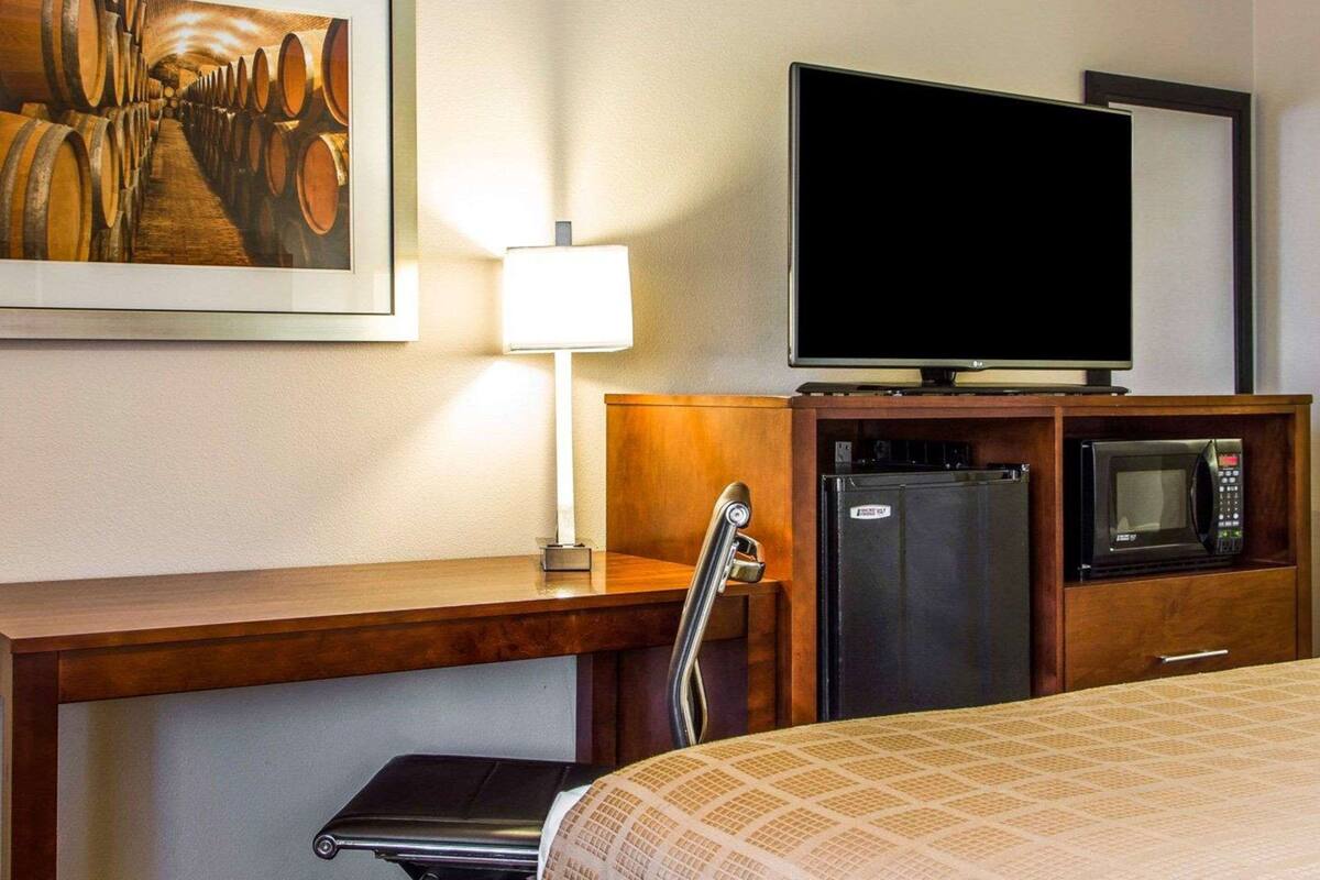 A hotel room with a bed, a desk with a chair, a television, a refrigerator, and a microwave.