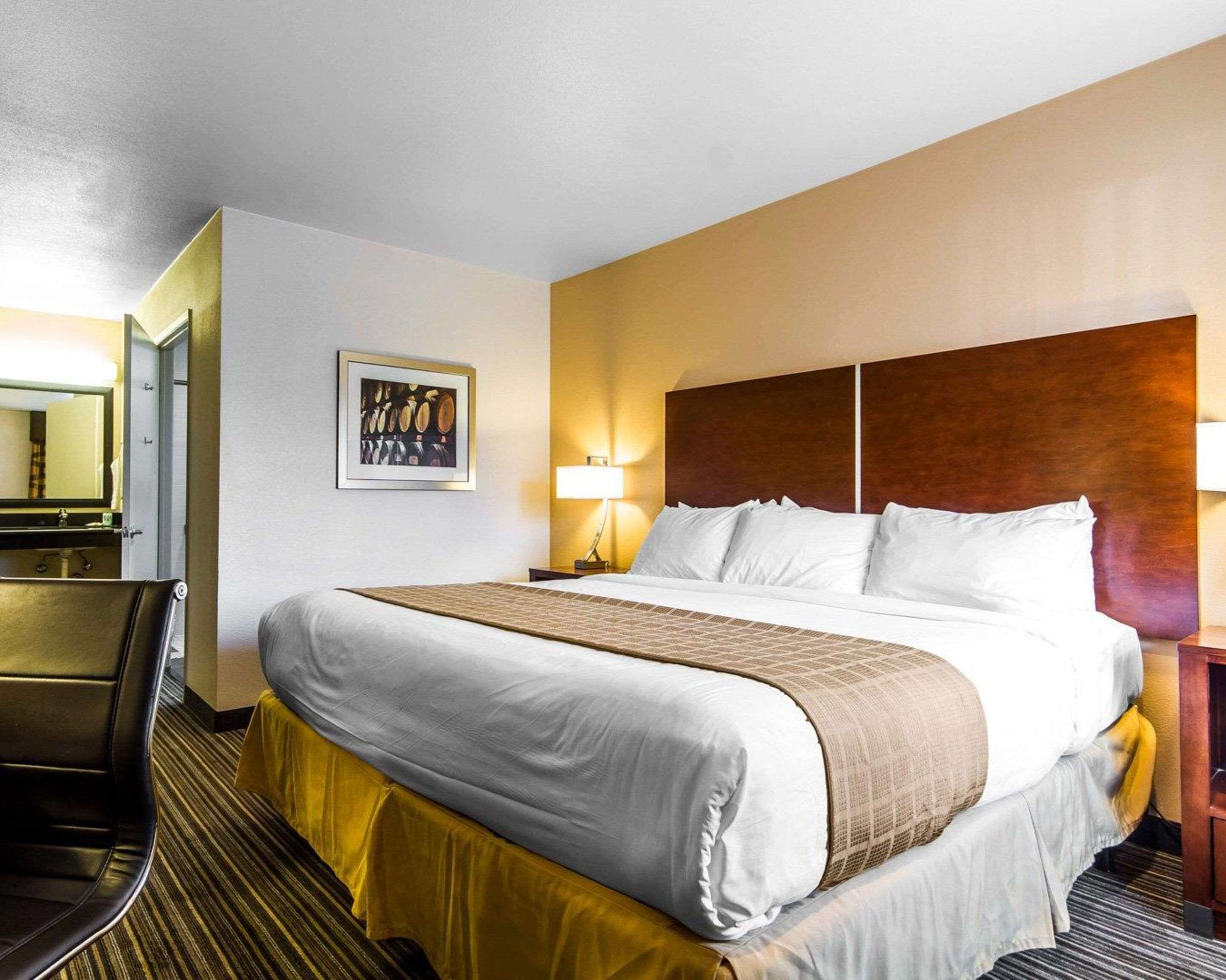 A hotel room with a large bed, a desk, and a chair.