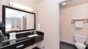 A hotel bathroom with a black sink, a large mirror, a toilet, and a trash can.