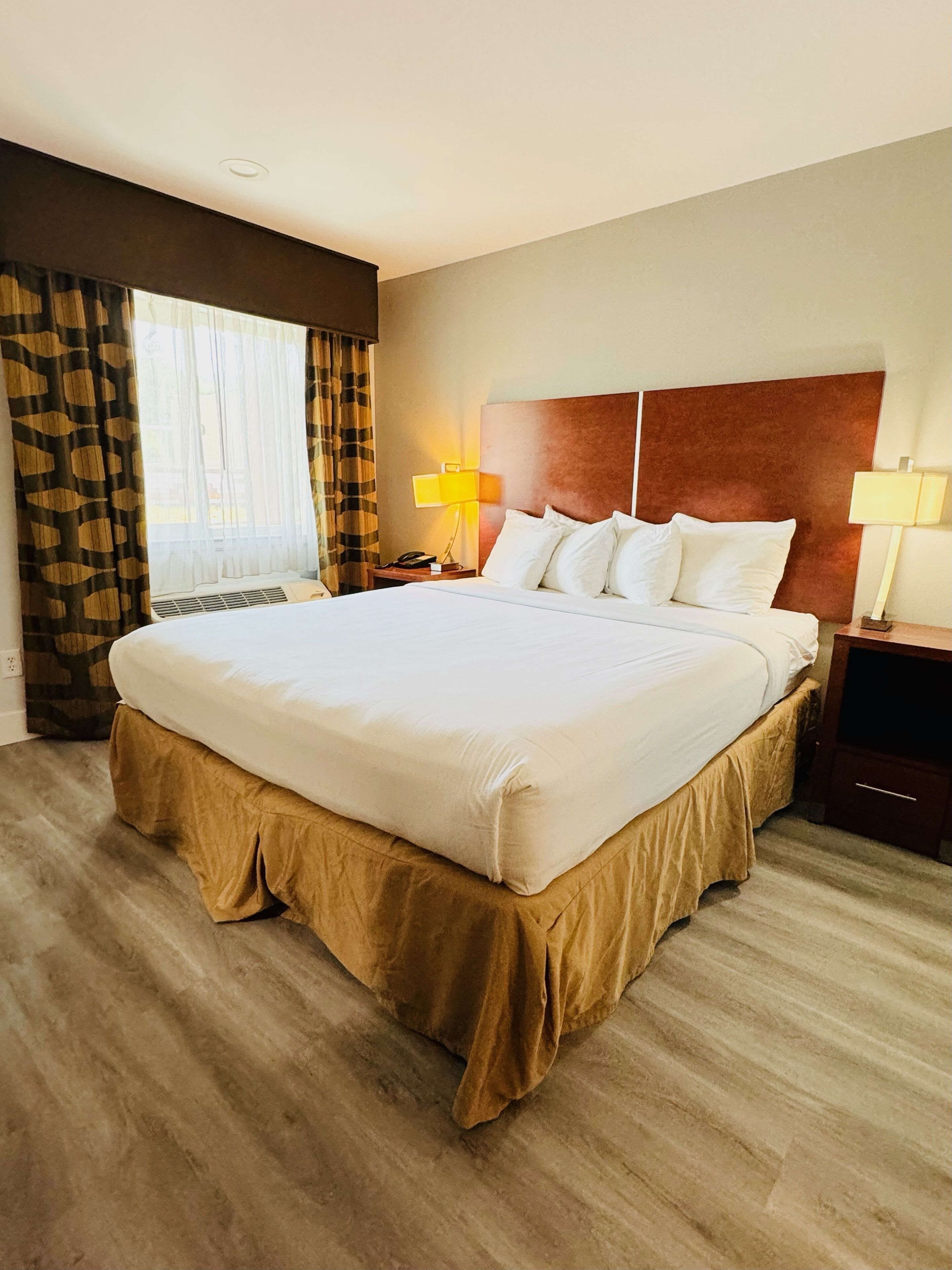 Desk, laptop workspace, blackout curtains, iron/ironing board