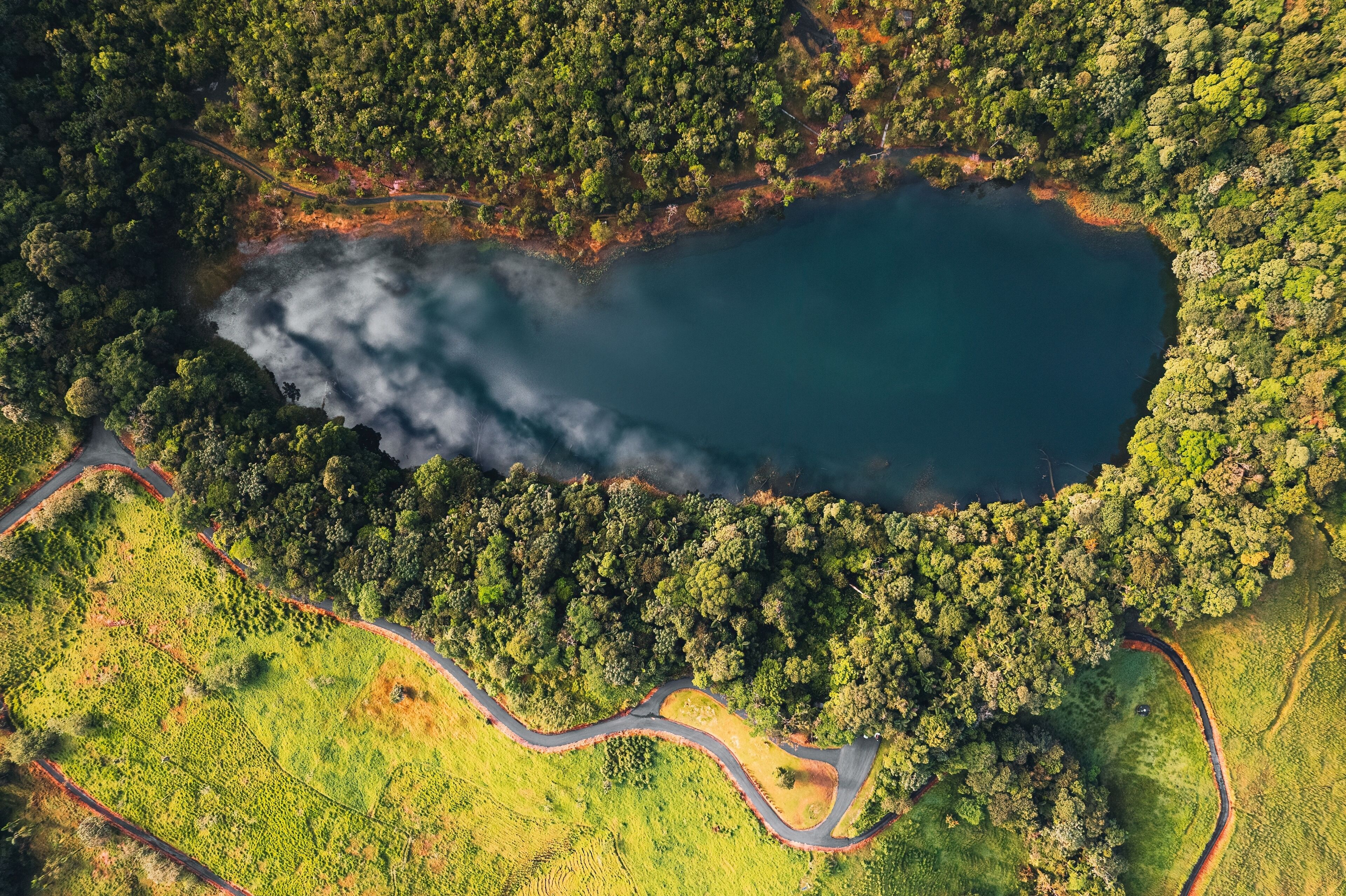 An aerial view of a lake surrounded by dense forest and a winding road.