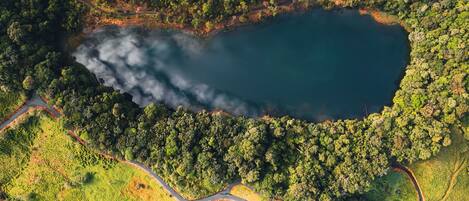 An aerial view of a lake surrounded by dense forest and a winding road.