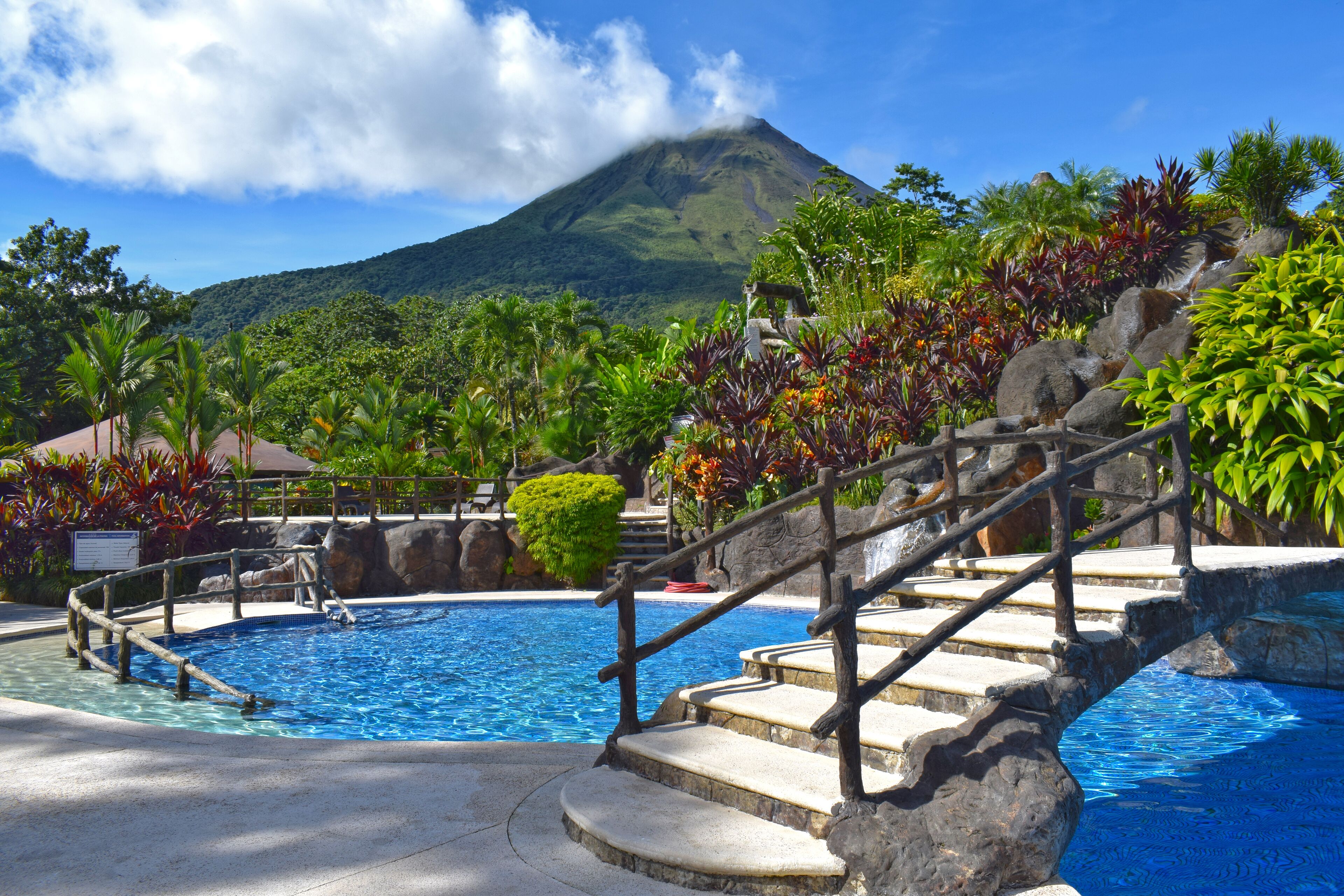 A swimming pool with stone steps leading up to it, surrounded by tropical plants and a mountain in the background.